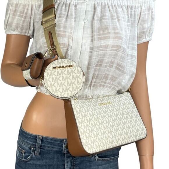 Michael Kors White/Tan Jet Set Logo Crossbody Bag with Case  Apple AirPods Pro - Picture 2 of 14